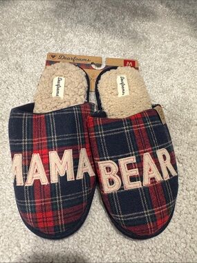 Dearfoams Mama Bear Plaid Slippers in Navy and Red